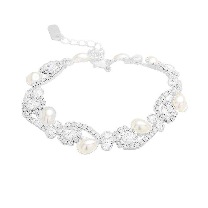 Silver Teardrop Pearl Detail Rhinestone Pave Floral Evening Bracelet, put on a pop of color to complete your ensemble. Perfect for adding just the right amount of shimmer & shine and a touch of class to special events. Perfect Birthday Gift, Anniversary Gift, Mother's Day Gift, Graduation Gift, Valentine’s Gift.