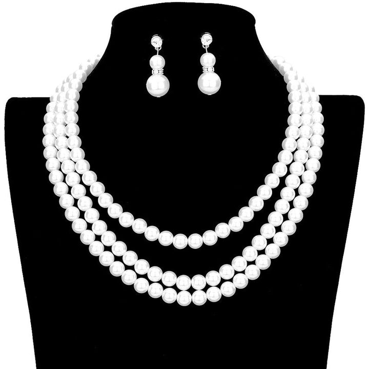 Silver White Layered Multi Sized Pearl Bead Bib Necklace, designed to accent the neckline, which are a perfect way to add sparkle to everything, showing off your elegance, stunning jewelry set will sparkle all night long making you shine like a diamond. perfect for a night out on the town or a black tie party. Wear together or separate according to your event, the perfect addition to every outfit. Adds a touch of beautiful inspired beauty to your look.