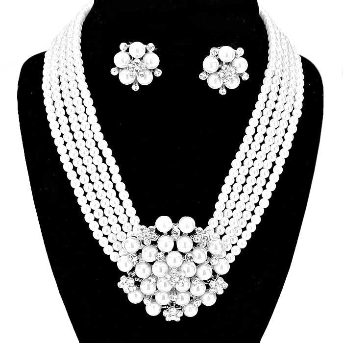 Silver White Pearl Cluster Flower Necklace & Clip on Earring set, stunning jewelry set will sparkle all night long making you shine out like a diamond. perfect for a night out on the town or a black tie party, Perfect Gift, Birthday, Anniversary, Prom, Mother's Day Gift, Sweet 16, Wedding, Quinceanera, Bridesmaid