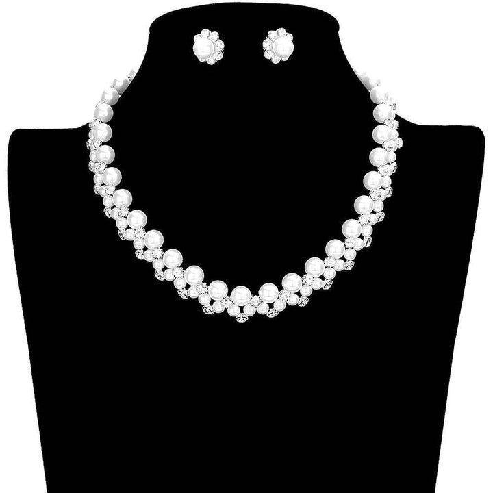 Silver White Pearl Crystal Rhinestone Collar Necklace. Stunning jewellery sets suits any style and occasion wear over your favorite tops and dresses this season! Adds the perfect accent to your wardrobe. A timeless treasure designed to accent the neckline adds a gorgeous stylish glow to any outfit style. Fabulous gift, ideal for your loved one or yourself.