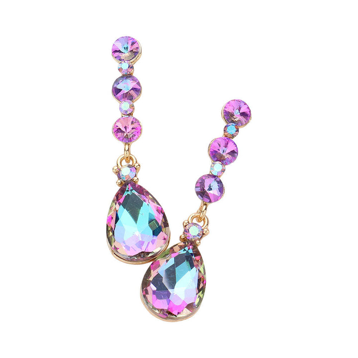 Violet Triple Round Stone Teardrop Link Dangle Evening Earrings, look beautiful with these versatile Dangle Evening Earrings. These earrings feature a teardrop dangle design, perfect for dressing up any outfit. Perfect for any occasion. These beautifully designed earrings are suitable as gifts for wives, and mothers.