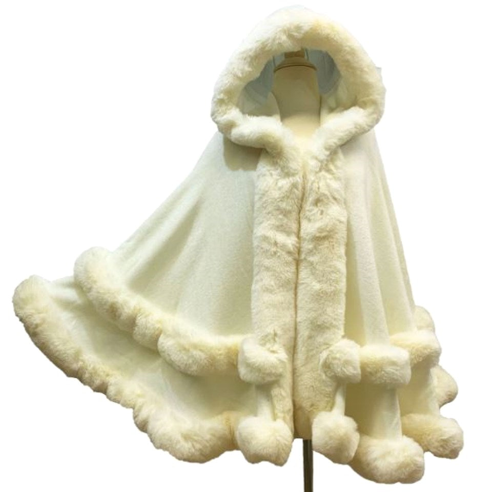 Elegant 2 Row Faux Fur Trim Knit Poncho Ruana Cape