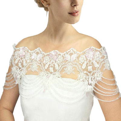 White Draped Beaded Floral Lace Wedding Shawl. Great shawl and wrap to match your evening dress but not cover it. Also can be fold down to a very slim size, Perfect for weddings, parties, evenings, dances, formal occasions or any other special occasions.