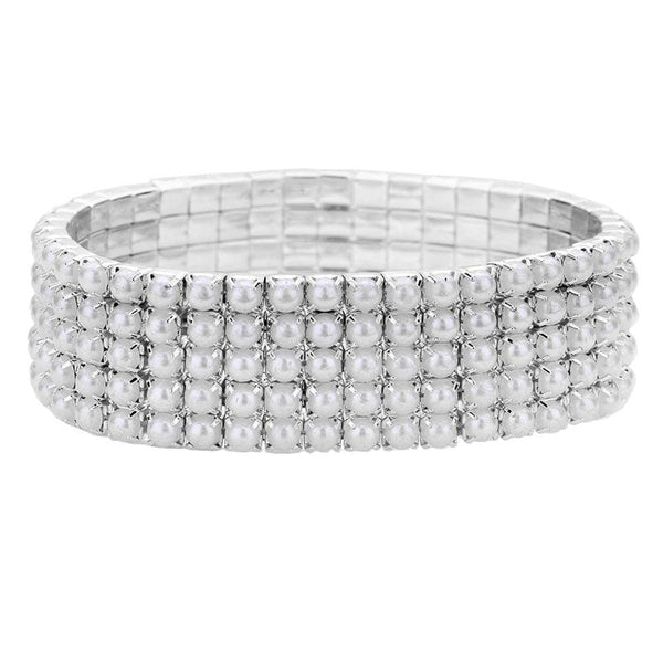 White Five Row Pearl Stretch Bracelet, Get ready with these bright Bracelet, put on a pop of color to complete your ensemble. Perfect for adding just the right amount of shimmer & shine and a touch of class to special events. Perfect Birthday Gift, Anniversary Gift, Mother's Day Gift, Graduation Gift.