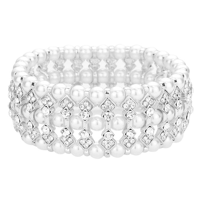 White Multi Row Crystal Pearl Stretch Bracelet This crystal Stretch Bracelet sparkles all around with it's surrounding round stones, stylish stretch bracelet that is easy to put on, take off and comfortable to wear.These pearl themed bracelet  looks modern and is just the right touch to set off. Perfect jewelry to enhance your look. Awesome gift for birthday, Anniversary, Valentine’s Day or any special occasion.