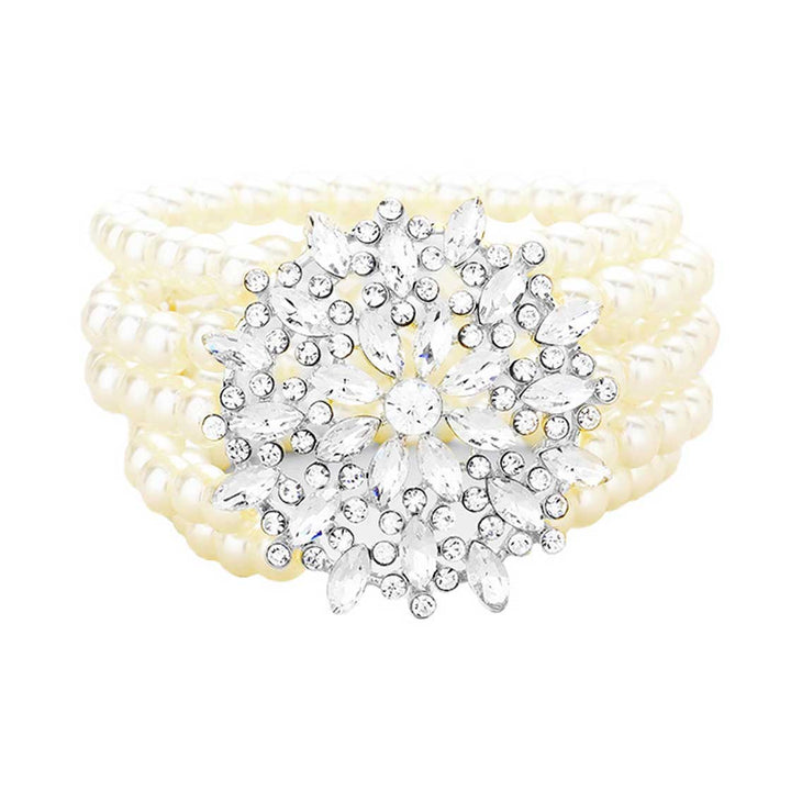 White Multi Strand Pearl Crystal Flower Accented Stretch Bracelet. Get ready with this Stretch Bracelet, put on a pop of color to complete your ensemble. Perfect for adding just the right amount of shimmer & shine and a touch of class to special events. Perfect Birthday Gift, Anniversary Gift, Mother's Day Gift, Thank you Gift.