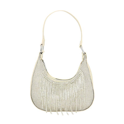 White Rhinestone Fringe Evening Shoulder Crossbody Bag, exudes glamour and sophistication with its sleek design and rhinestone detailing. It features an adjustable shoulder strap and a durable closure to ensure all your belongings stay secure. Shine up with This Rhinestone Fringe Evening Shoulder Crossbody Bag.