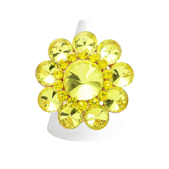 Yellow Round Crystal Flower Stretch Ring, Provides a classic touch of elegance. Perfect for any special occasion or everyday wear. Perfect gift for Birthdays, Mother's Day, anniversaries, Weddings, Wedding Shower, Graduation, Prom Jewelry, Just Because, Thank you, or any other special occasion.