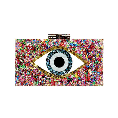 This Multi Glittered Evil Eye Celluloid Acetate Clutch Crossbody Bag will make you the star of the show! This eye-catching bag is studded with glitter, and is made with durable celluloid acetate to last you a lifetime. Perfect gift ideas for a birthday, Christmas, anniversary, Valentine's Day, or any special occasion.