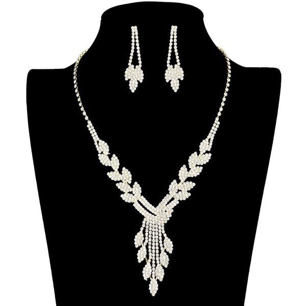 Gold Pave Crystal Rhinestone Leaf Marquise Necklace. Stunning jewelry sets suits any style and occasion wear over your favorite tops and dresses this season! Adds the perfect accent to your wardrobe. A timeless treasure designed to accent the neckline adds a gorgeous stylish glow to any outfit style. Bright enhancement and floral design will coordinate with any ensemble from business casual to a night out on the town or a black tie party. A fabulous gift, ideal for your loved one or yourself.