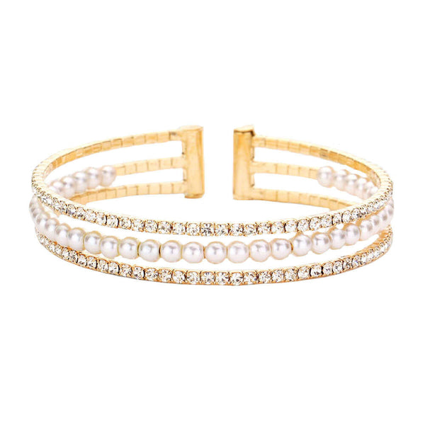 Wedding Pearl Accented Rhinestone Cuff Bracelet