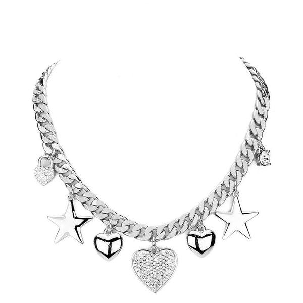 Rhinestone Embellished Heart Metal Star Charm Necklace