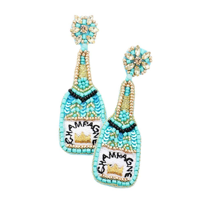 Turquoise Sequin Embellished Crown Champagne Dangle Earrings Sequin Beaded Earrings Champagne Earrings; fun handcrafted jewelry that fits your lifestyle, adding a pop of pretty color. Enhance your attire with these vibrant artisanal earrings to show off your fun trendsetting style.